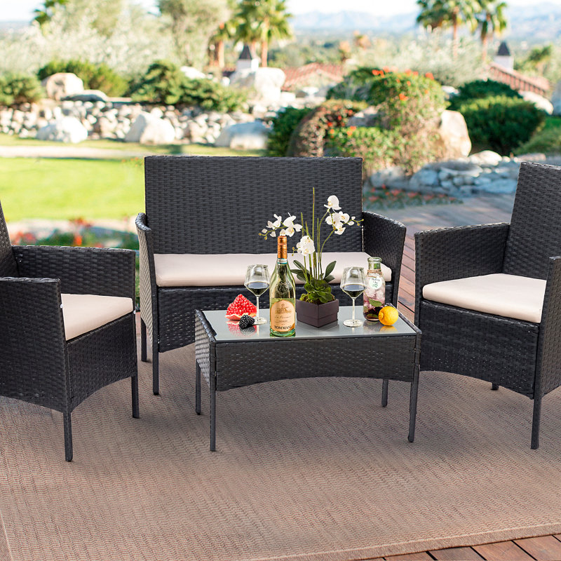 Ensemble de conversation avec canapé en rotin et coussins 4 pièces Rifiki, Beige, Noir