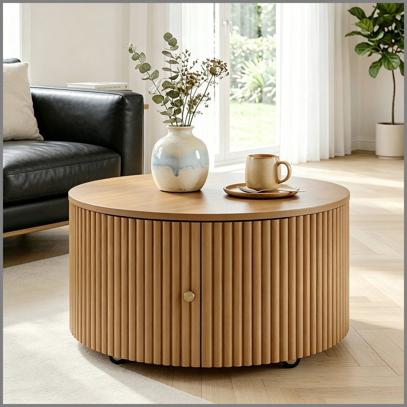 Table basse ronde en bois massif cannelé noyer avec tiroirs de rangement cachés, table basse tambour moderne Mid-Century