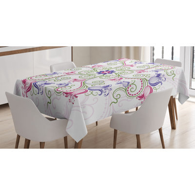 Ambesonne Mandala Tablecloth, Round Flower Frame Design Classical Vintage Floral Art With Ottoman Tulips, Rectangular Table Cover For Dining Room Kitchen Decor, 52" X 70", Purple Green White