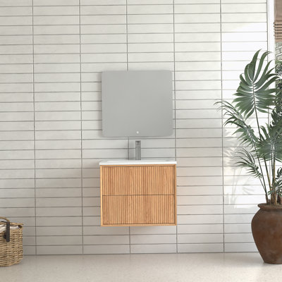 24'' Floating Bathroom Vanity Set, Wall Mounted Solid Wood Bathroom Cabinet With 2 Storage Drawers,White Resin Integrated Basin