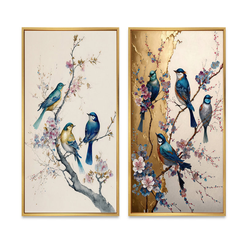 2 pièces sur toile - Oiseaux multicolores sur un arbre en fleurs de prunier, Encadrement doré, H 20 po x l 24 po