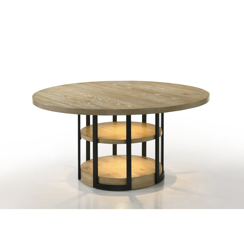 Table de salle à manger 59 "ronde avec lumière DEL, structure en métal noir, tablettes