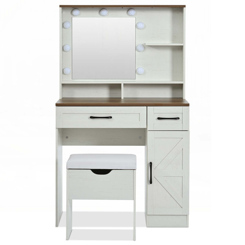 Bureau de maquillage avec miroir et lumières, 3 modes d'éclairage, tabouret, tablettes réglables, 2 tiroirs