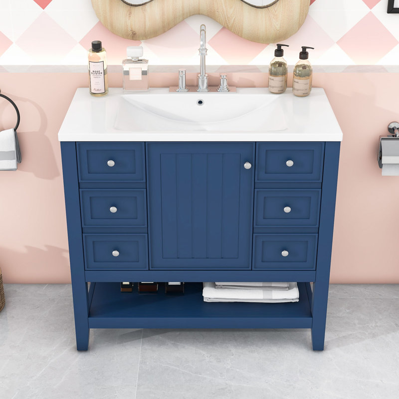 Meuble-lavabo avec une armoire et trois tiroirs, Bleu