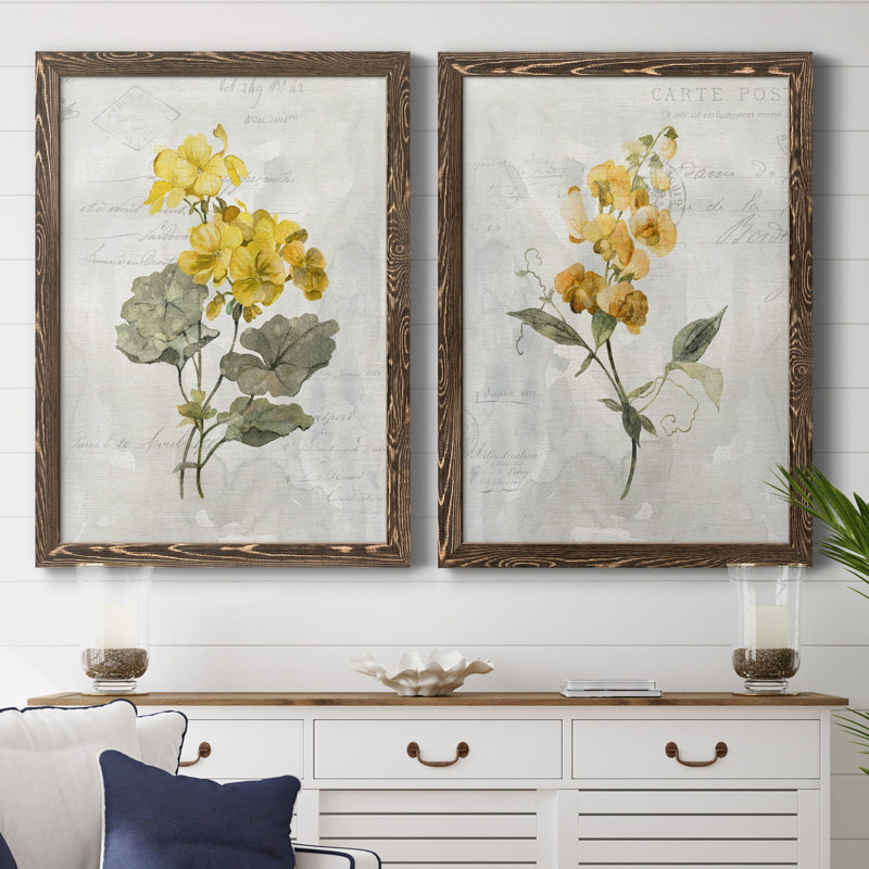 Canari lin géranium - ensemble de 2 reproductions d'art, Pas de tapis, Toile avec cadre en noyer, H 44 po x l 31 po x P 1 po
