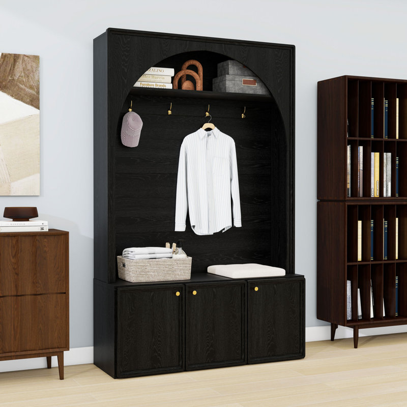 Farmhouse Arched Hall Tree with Storage Bench and 3 Cabinets, 4 Metal Hooks & Adjustable Shelves, Black