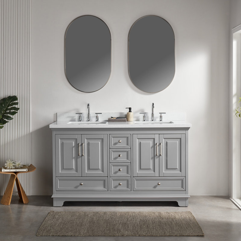Meuble-lavabo double autoportant de 60 po avec pierre artificielle entièrement assemblé, Gris