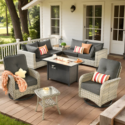 Tommy Outdoor Wicker 6 Person Seating Group With Cushions With Rocking And Swivel Chairs
