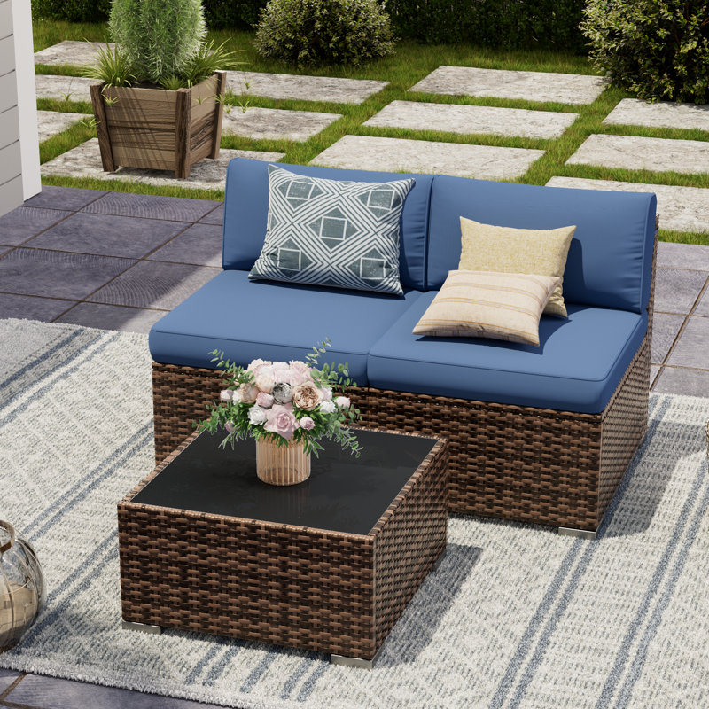 Comanche 26.3" H 3-Piece Outdoor Seating Group with PE Wicker and Steel Frame., Navy