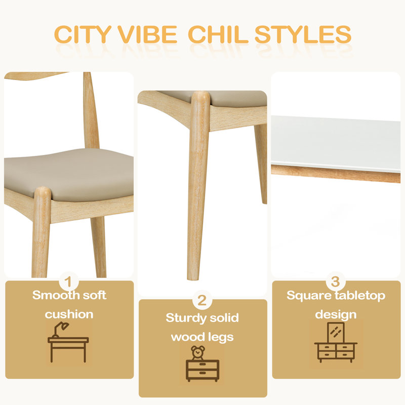 Ensemble de salle à manger 5 pièces 1 table 4 chaises, structure en bois d'hévéa, similicuir de qualité supérieure, dossier ergonomique, rétro - élégant pour la cuisine