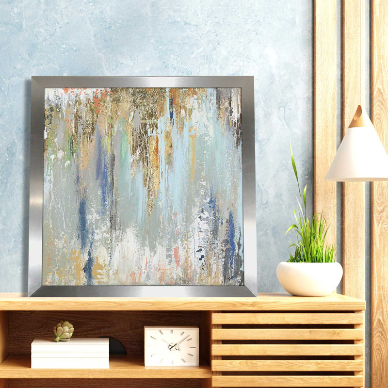 «Blue Gold Illusion II» par Patricia Pinto - Peinture, L 31 po x H 31 po, Encadrement argenté