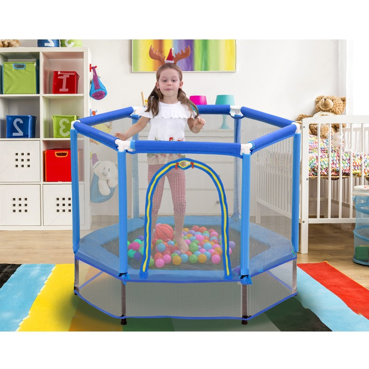Trampoline hexagonale pour enfants avec enceinte sécuritaire, Blue