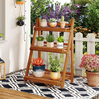 3-Tier Wood Plant Stand Folding Flower Rack w/Ladder Design Anti-falling Bars