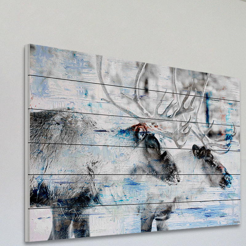 Reproduction d’art sur bois "renne pair" par parvez taj,-acrylique, H 24 po x l 36 po x P 1,5 po