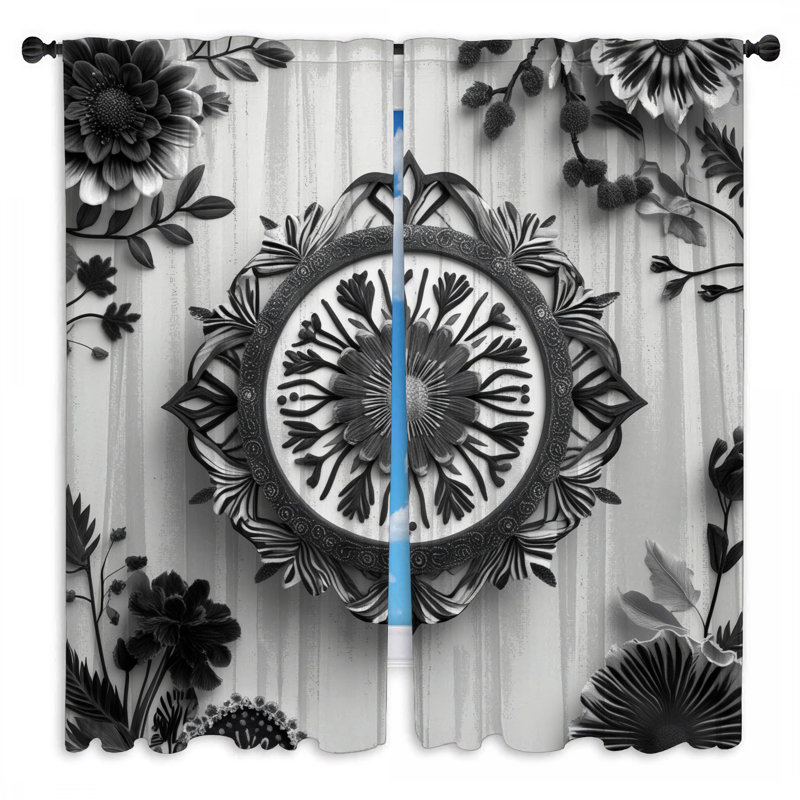 Rideaux de fenêtre noirs et blancs à motif floral Mandala obscurcissant - 2 panneaux, 56 po x 76 po - 2 panneaux, Transparent