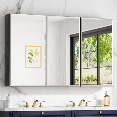 Armoire à pharmacie en aluminium avec miroir, meuble-lavabo encastré ou à fixation en surface avec tablette réglable en verre trempé, grand espace de rangement (noir)