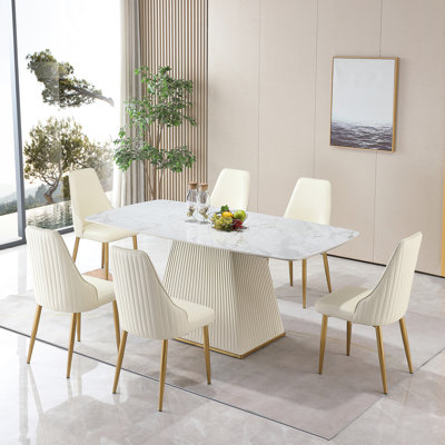 71" Contemporary Dining Table With Sintered Stone Top & 6 Chairs, White, Easy To Wipe Clean, Heat Feature Upholstered Stain Resistance, High Temperature Resistance Quality