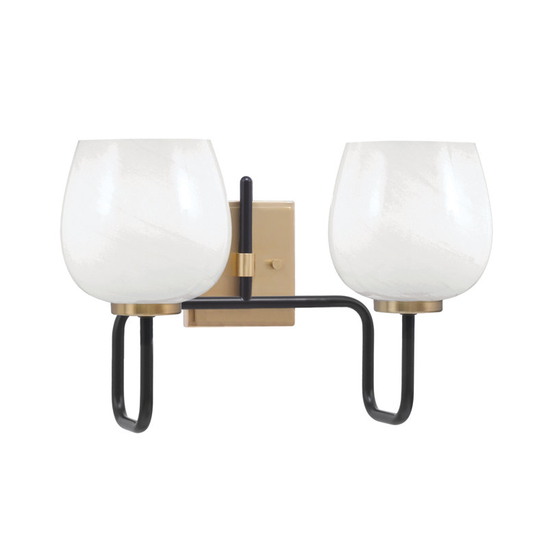 Barre d'éclairage de salle de bain 2 lumières Amarmula, noir mat et laiton vieilli, verre marbré blanc 6 po, Blanc
