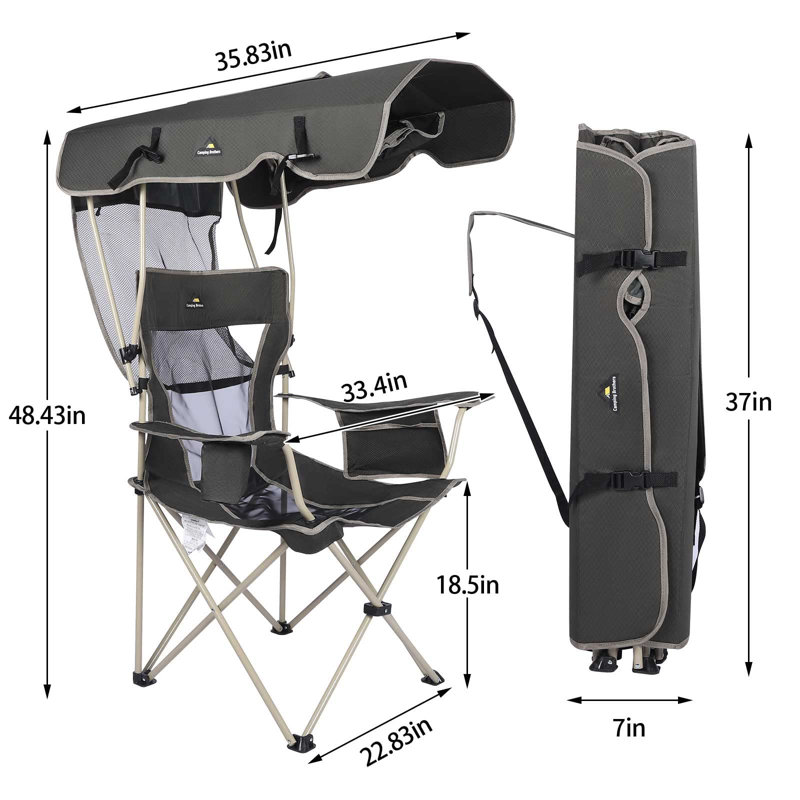 Army Green Folding Camping Chair with Retractable Shade Canopy