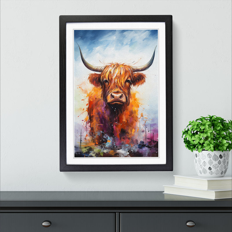 Highland Cow Action Painting - Single Picture Frame Print on Wood, Black, 34cm H x 25cm W x 2cm D