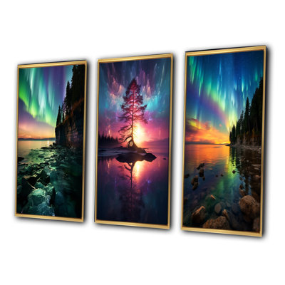3 Pieces on Canvas - Magical Aurora Borealis Arctic Lake Serenity III