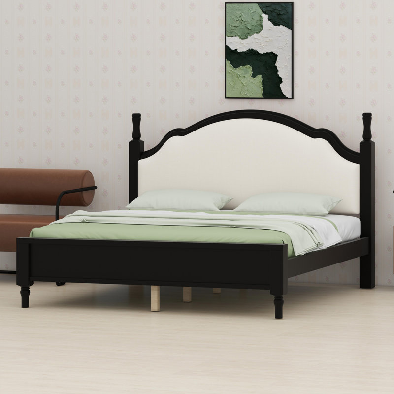 Lit plateforme contemporain en bois avec tête de lit en tissu doux, Beige + noir