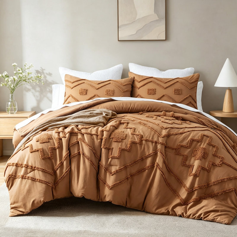 Ensemble de couette king style bohème touffeté 3 pièces citrouille