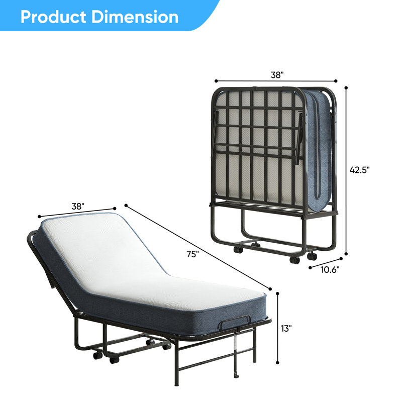 Lit d'invité pliant avec matelas en mousse à mémoire de forme de 5 po et roulettes, Extra-long Twin