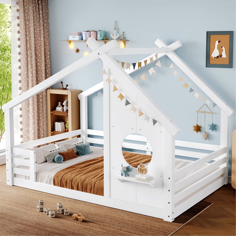 House-Shaped Floor Bed With Window And A Small Shelf, Lit double, Gray