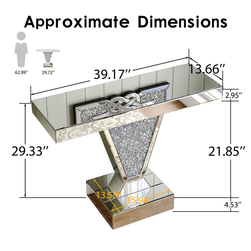 Console à miroir en diamant concassé avec incrustation de cristal en forme de V, canapé de vestibule en verre réfléchissant argenté pour vestibule de salon