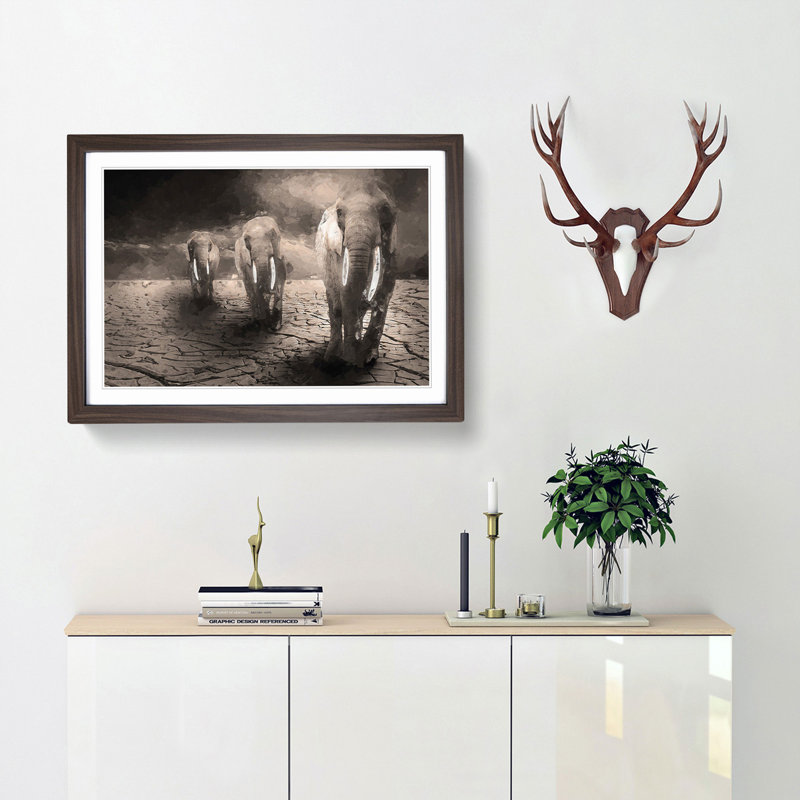Trio of Elephants in Abstract - Picture Frame Graphic Art Print, 60cm H x 91cm W x 2cm D, Walnut