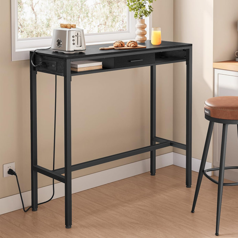 Table bistro 39,4 po de hauteur avec prises électriques, tiroir mobile et 2 crochets, table de rangement étroite en ébène