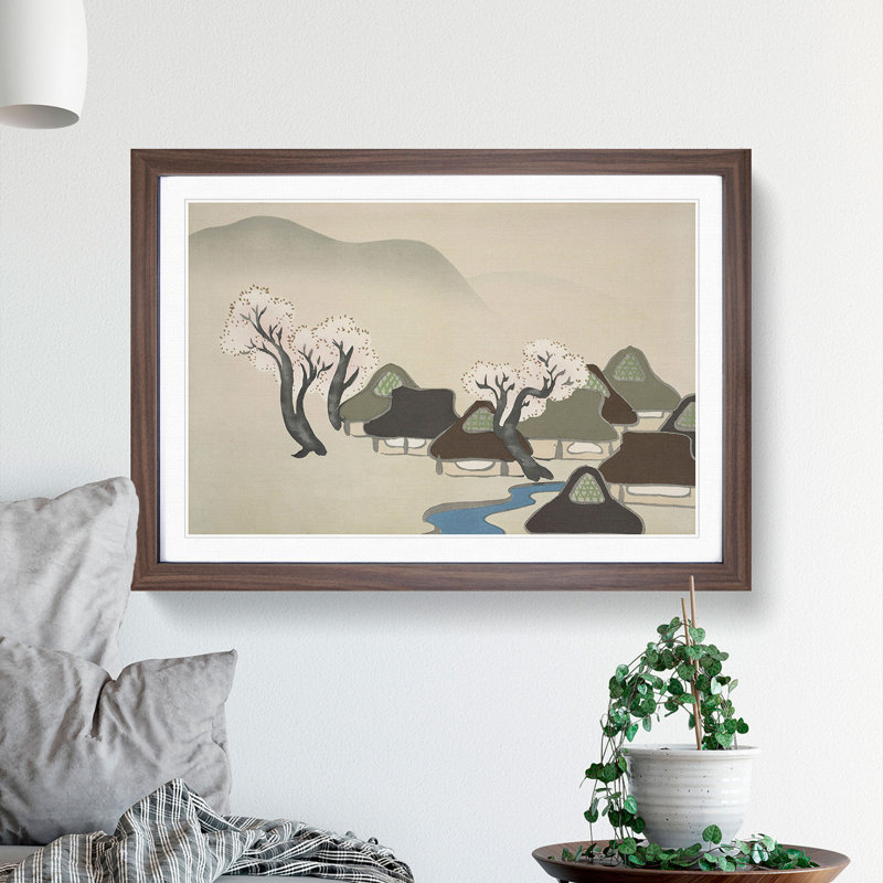 Village with Cherry Blossoms by Kamisaka Sekka - Picture Frame Painting, 48cm H x 65cm W x 2cm D, Walnut