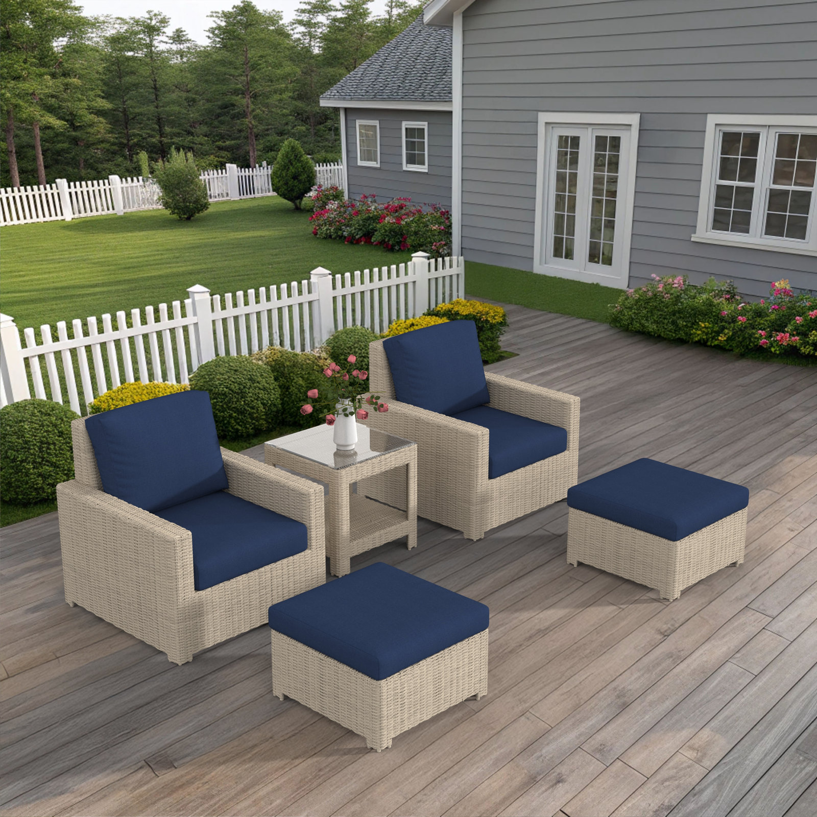 Henri Outdoor Conversation Set With Ottomans And Sunbrella Cushions, Canvas Navy