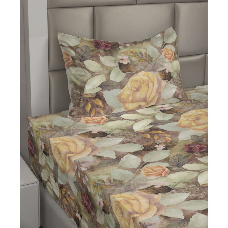 Ambesonne Watercolor Botany Sheet Set 4 Pcs Retro Boho Bloom, Twin XL Sheet Set with 1 Pillowcase