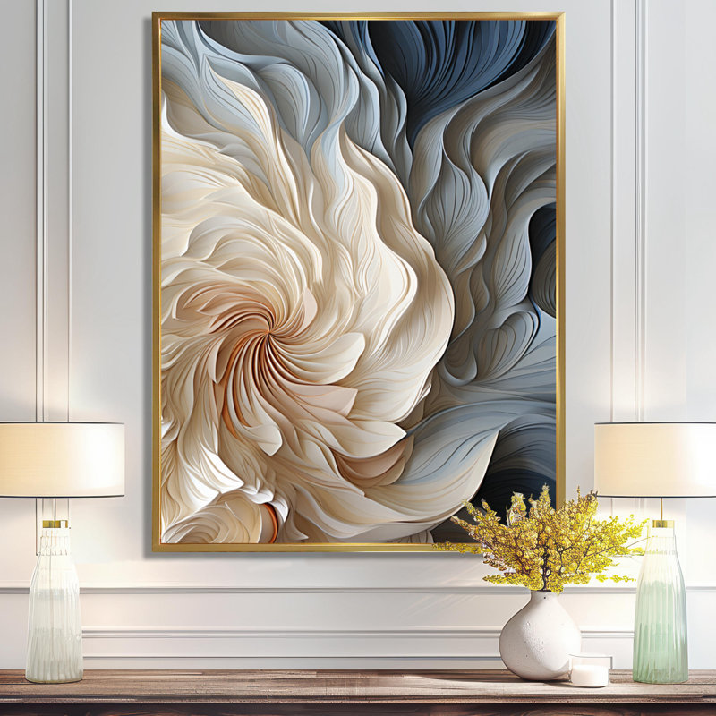 Plume blanche et bleue en spirale II - art abstrait géométrique sur toile, H 44 po x l 34 po, Doré