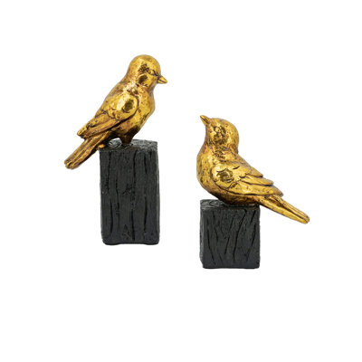 Gold Resin Sparrow Sculpture On Black Faux Branch - Nature-inspired Decor For Tabletop, Mantel & Dresser