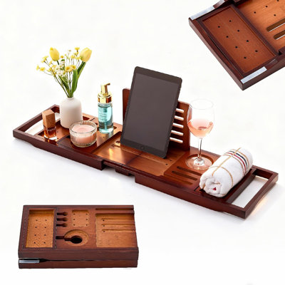 Plateau de baignoire en bambou pliable de qualité supérieure, plateau de bain extensible avec support, tablette de baignoire brune au-dessus de la baignoire, accessoires de salle de bain spa et cadeaux pour la maison