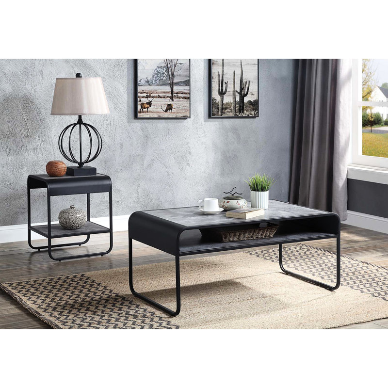 Table basse moderne de style industriel avec structure ouverte en métal noir et tablette ouverte