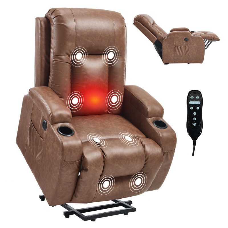 Fauteuil inclinable en PU avec massage 8 points, chaleur lombaire, port USB, Brun