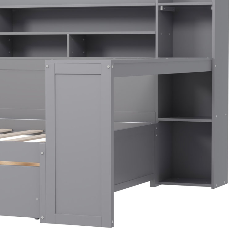 Lit de jour simple en bois gris avec structure de rangement, deux tiroirs et un bureau d'étude pour améliorer l'utilisation de l'espace dans la chambre à coucher