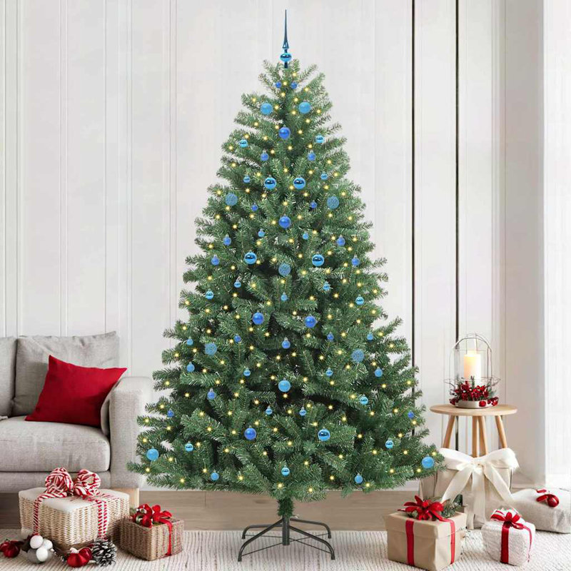 Artificial Hinged Christmas Tree Green PVC and Metal, with Leds & Blue Balls, 150 cm, Green