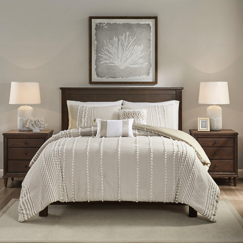 Housse de couette en coton teinté 3 pièces pour lit très grand avec broderie chenille taupe et rayures blanches