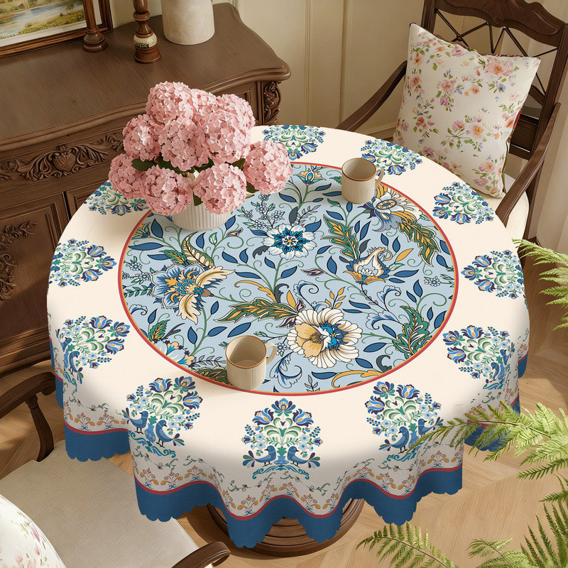 Light Blue Floral Design Washable Polyester Tablecloth