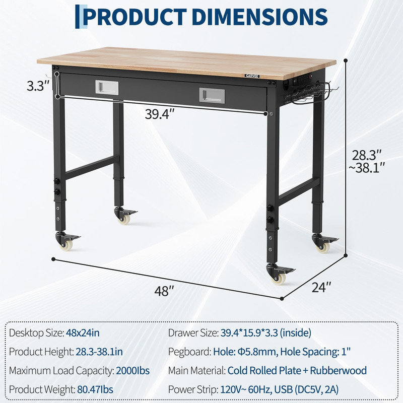 48" x 24" Heavy-Duty Workbench with Drawer, 6-Level Adjustable Height, Rubberwood Top & Pegboard