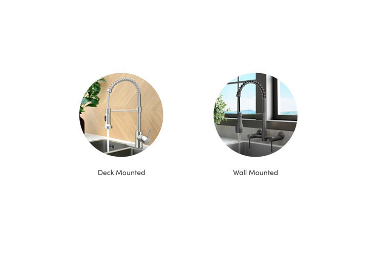 collage of the types of kitchen faucet installation types: deck mounted and wall mounted