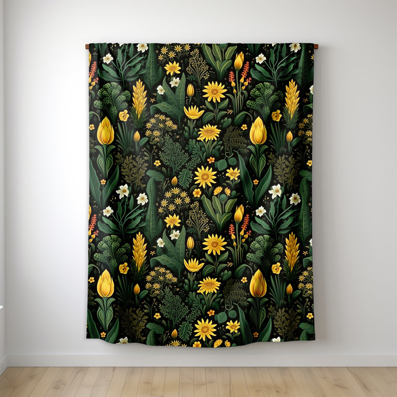Throw Blanket, 68" W x 80" L, Black/Green/Yellow, Floral