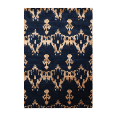 Tapis bleu marine / beige en laine noué à la main de conception unique 4 pi 1 po x 6 pi