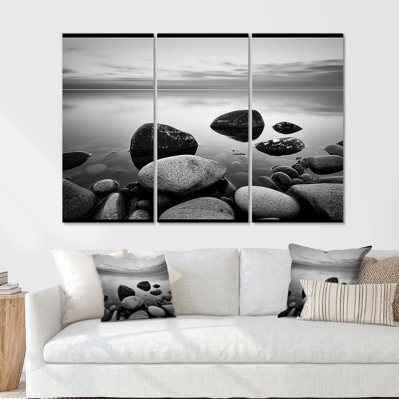 Ensemble de décorations murales noir et blanc «Rocky Beach Horizon - Coastal Minimalisme», H 28 po x l 36 po x P 1 po