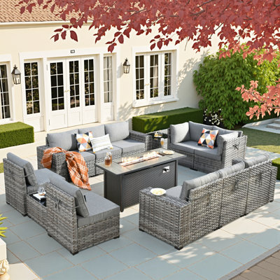 Bobia 13-piece Modular Outdoor Wicker Sectional Sofa Set With Propane Fire Pit Table, Wide Armrests, Rattan Patio Conversation Set With Coffee Table A by Latitude Run